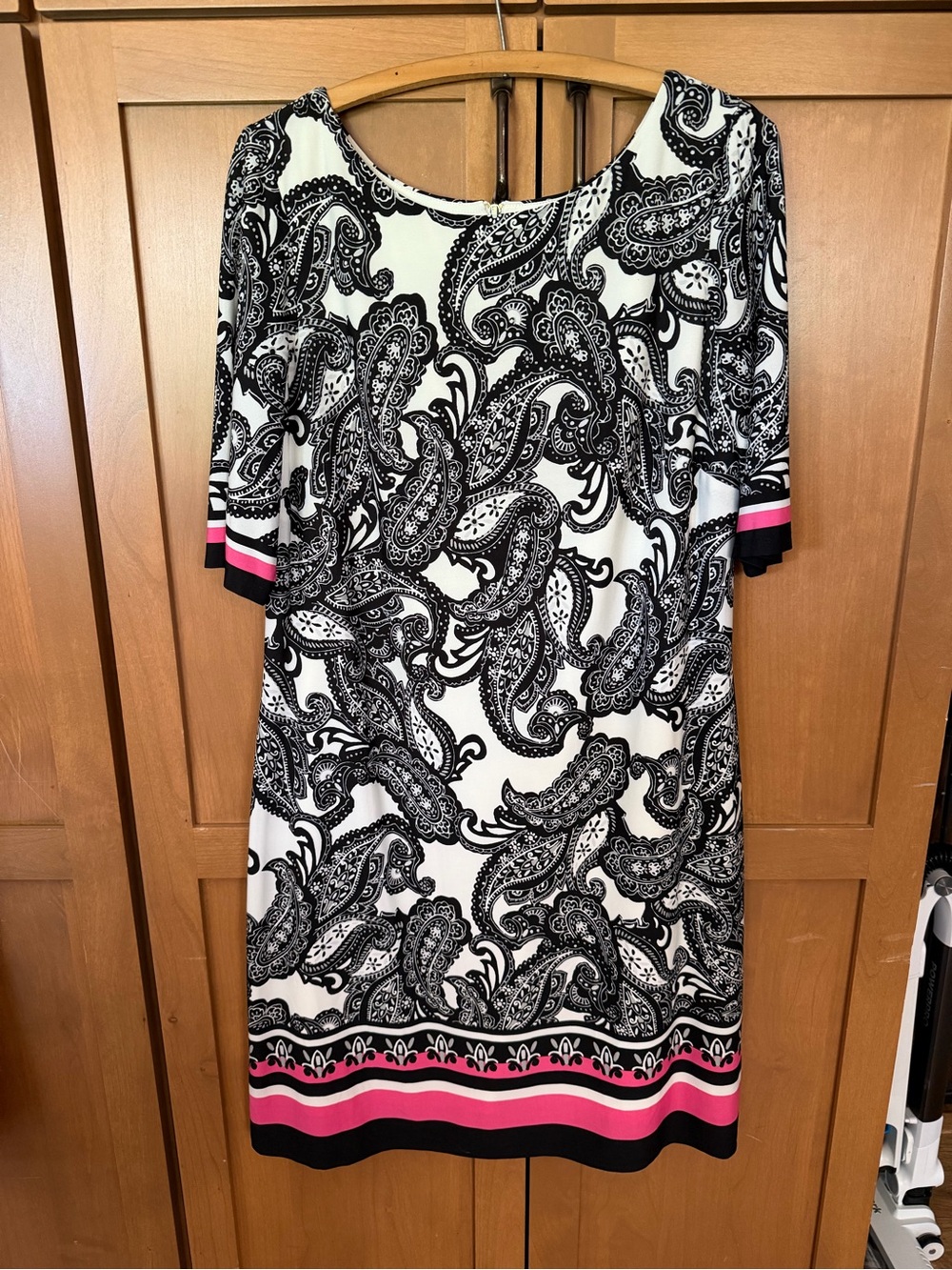 Black & White Paisley Shift Dress with Pink Accents